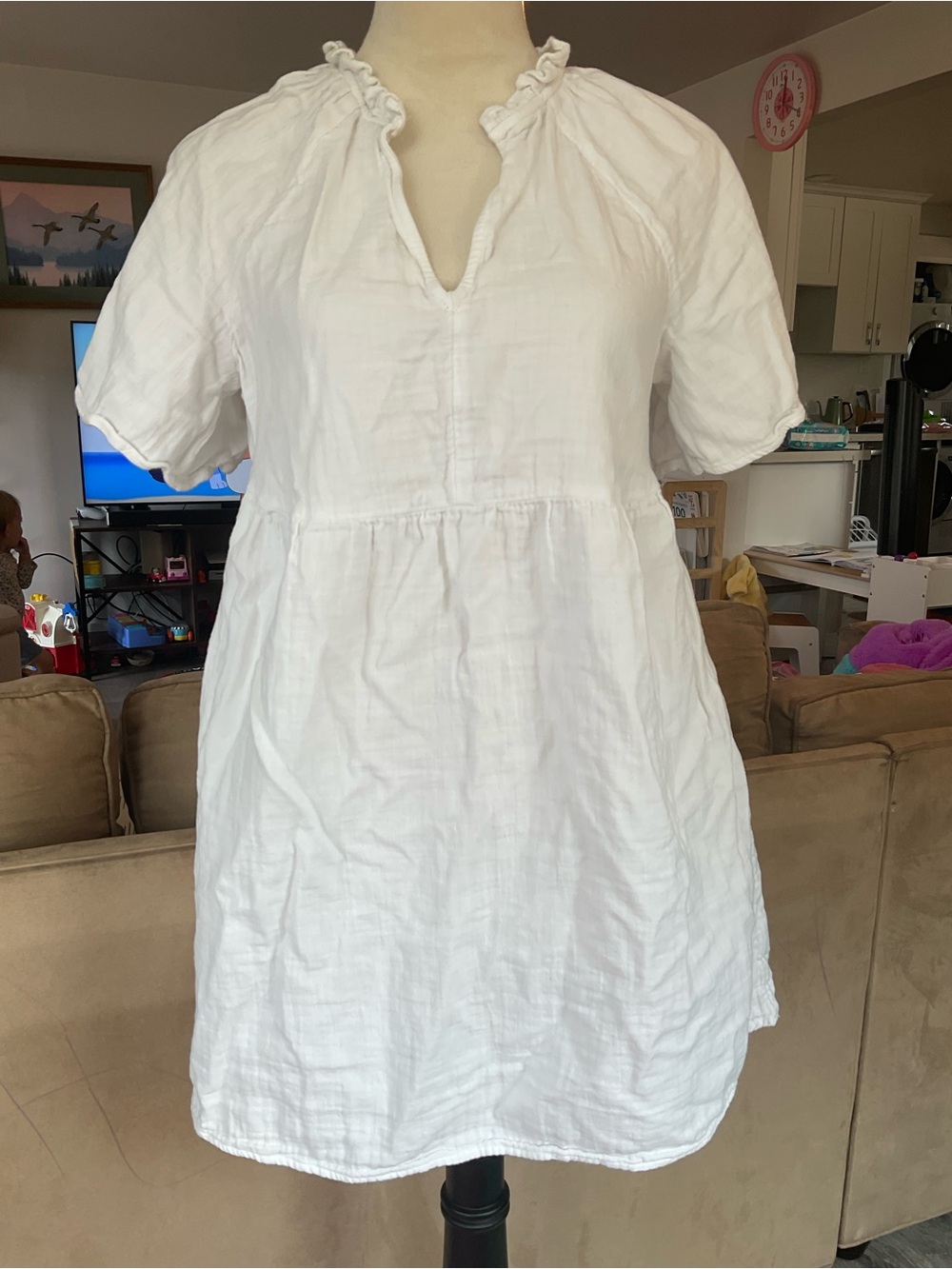 🍄Old Navy 100% Cotton White Crinkle Gauze Split Neck Mini Swing Dress